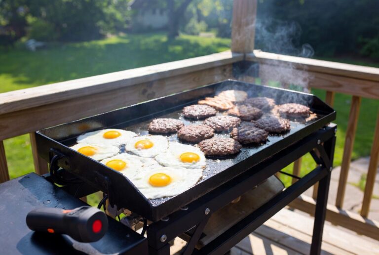 Eggs and burgers cooking in different heat zones on a Blackstone griddle, with an infrared thermometer in the foreground