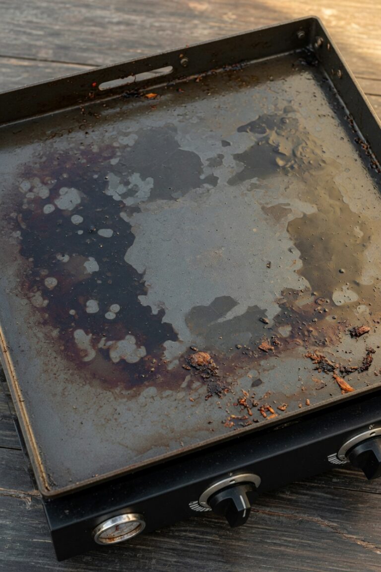 Neglected Blackstone griddle top showing rust, burnt residue, and food debris — an example of improper storage and cleaning